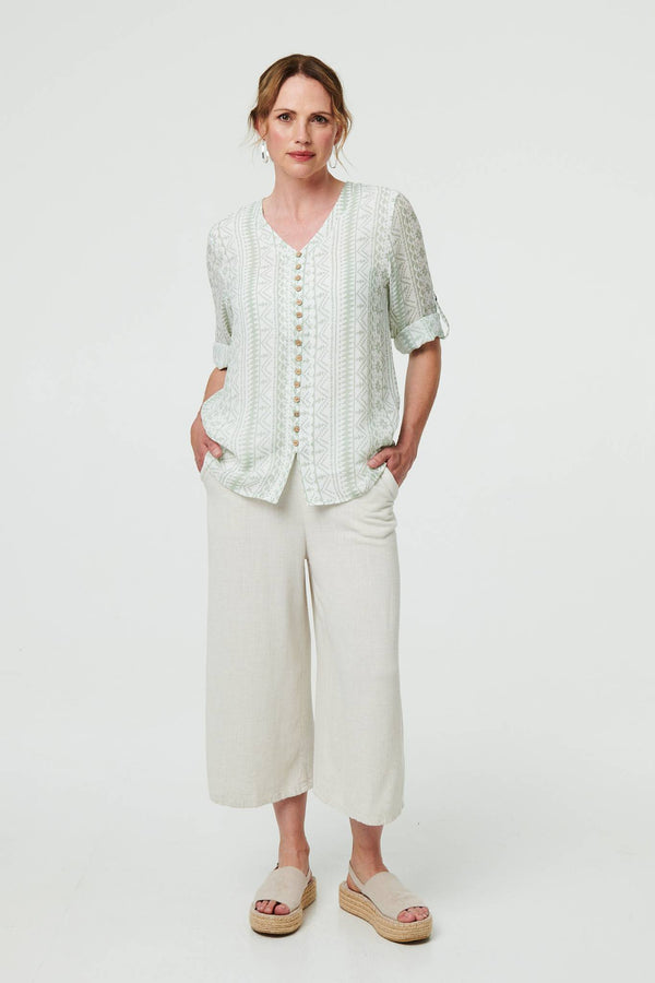 Printed Button Front Curve Hem Blouse