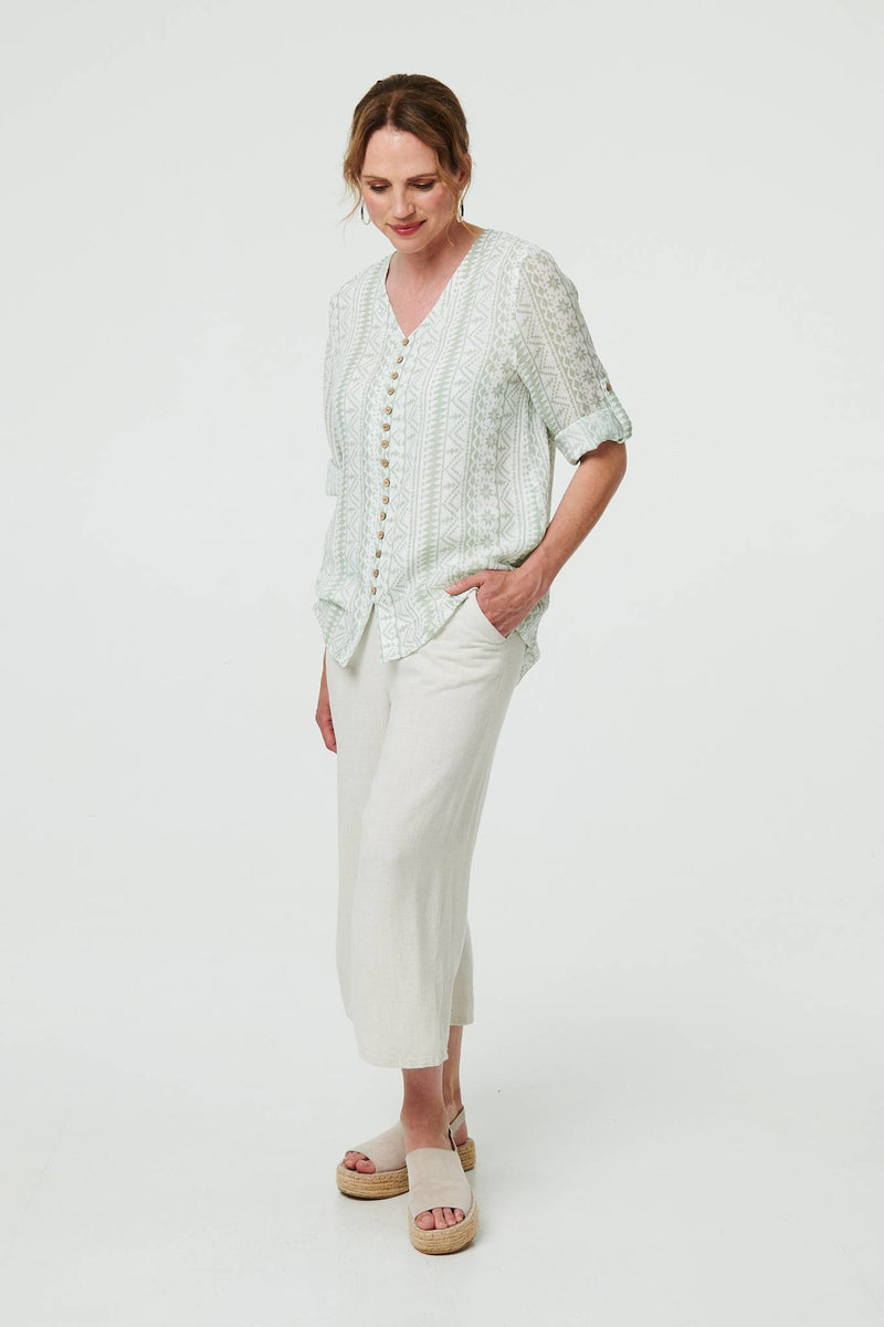 Printed Button Front Curve Hem Blouse