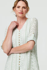 Printed Button Front Curve Hem Blouse