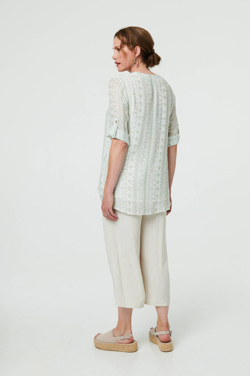 Printed Button Front Curve Hem Blouse