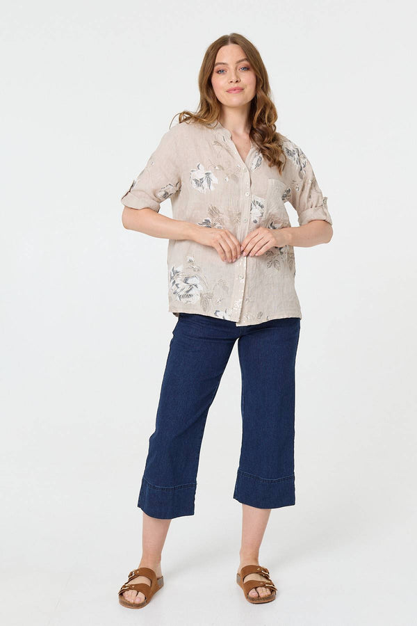 Floral 3/4 Turn-Up Sleeve Blouse