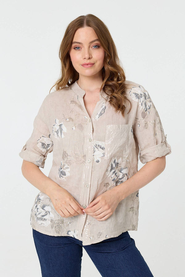 Floral 3/4 Turn-Up Sleeve Blouse
