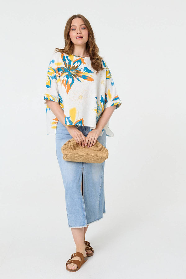 Floral 3/4 Sleeve Relaxed Boxy Blouse