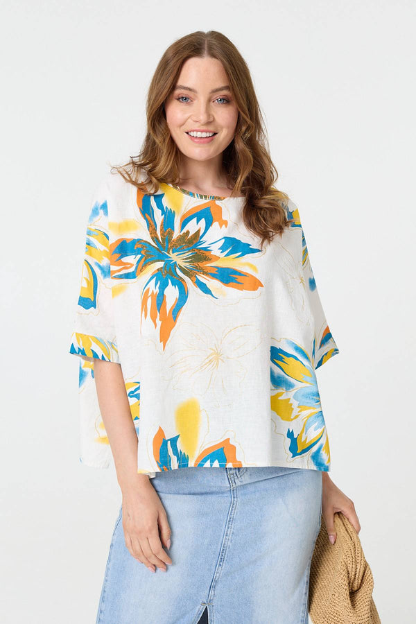 Floral 3/4 Sleeve Relaxed Boxy Blouse