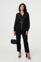 Contrast Trim Semi Sheer Ruffled Blouse