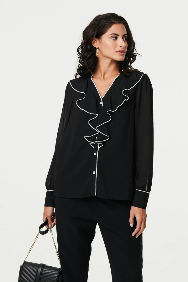 Contrast Trim Semi Sheer Ruffled Blouse