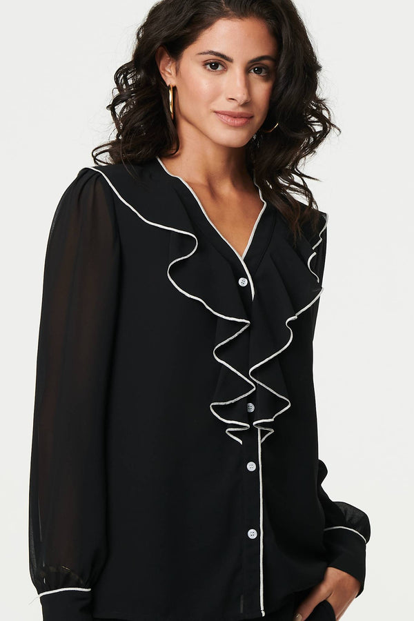 Contrast Trim Semi Sheer Ruffled Blouse