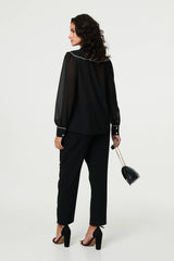 Contrast Trim Semi Sheer Ruffled Blouse