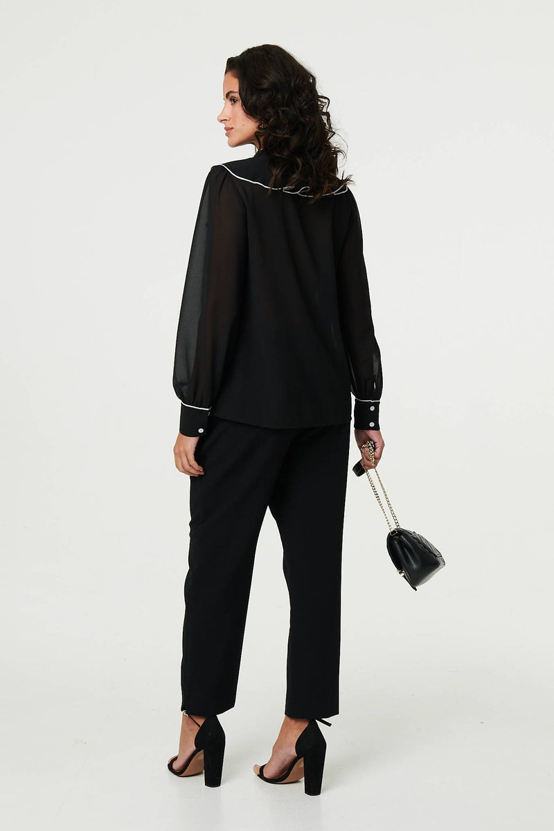 Contrast Trim Semi Sheer Ruffled Blouse